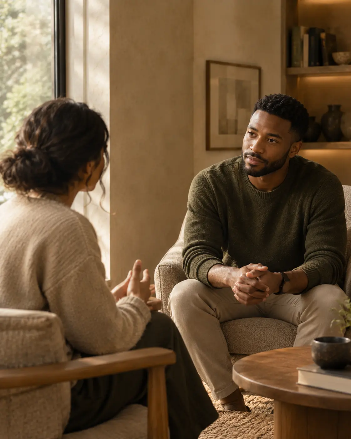A therapist listening attentively to a client in a warm, sunlit room