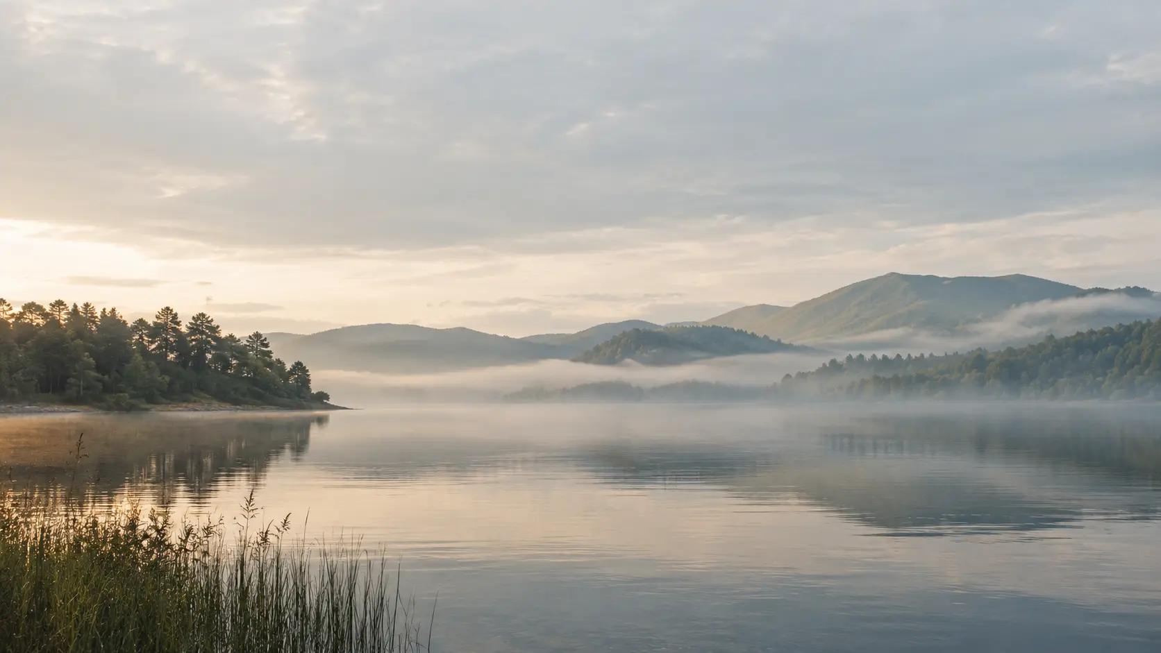 A misty lake at dawn with forested hills and soft light